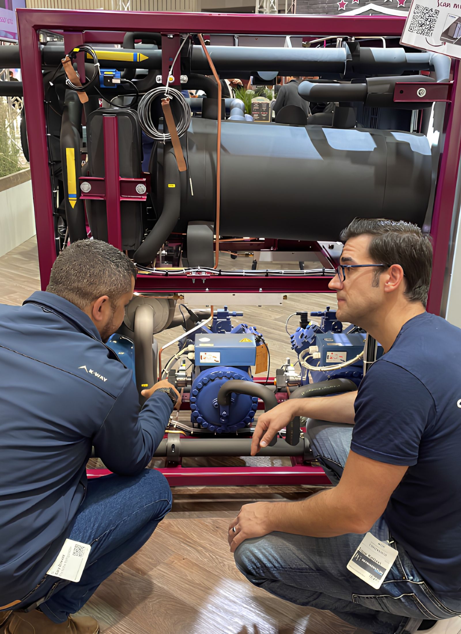 Close-up of a CO2 refrigeration system component with gauges and pipes
