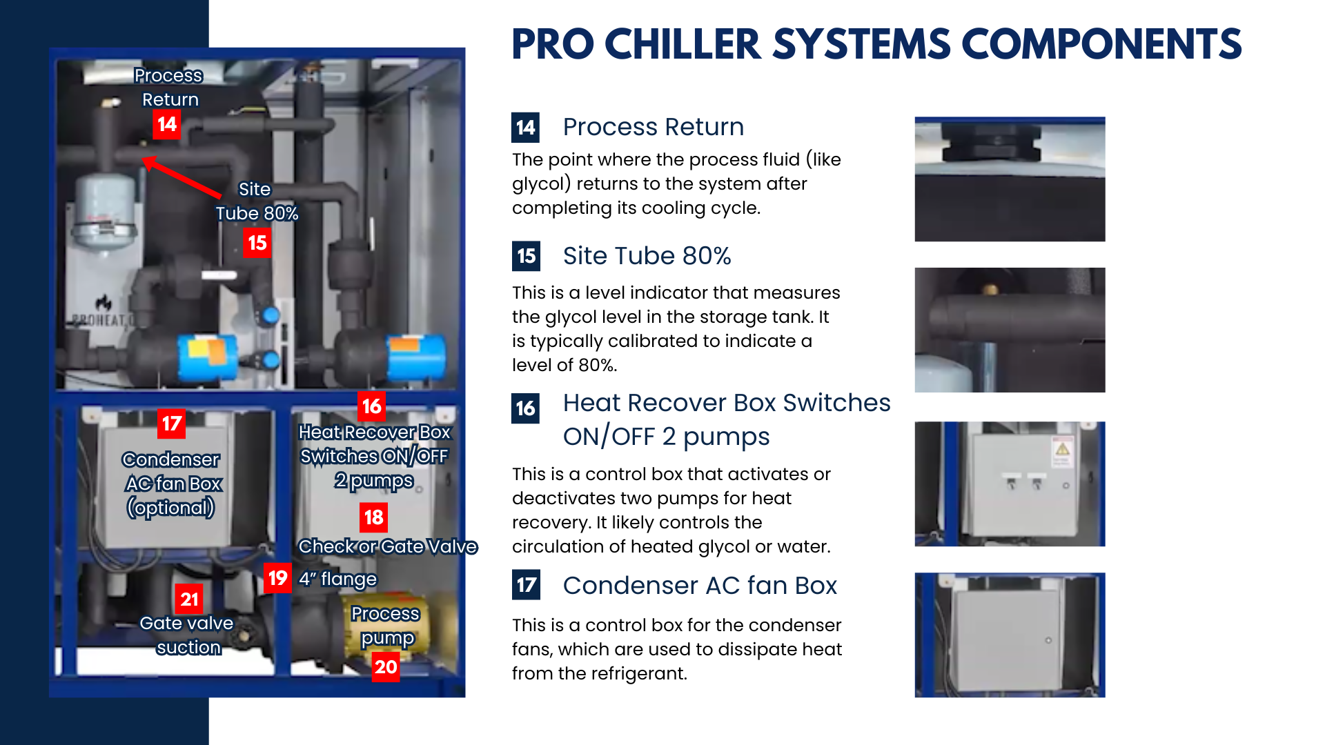Slide from ProChiller Advanced Service and Operation Masterclass showing system components and operation details